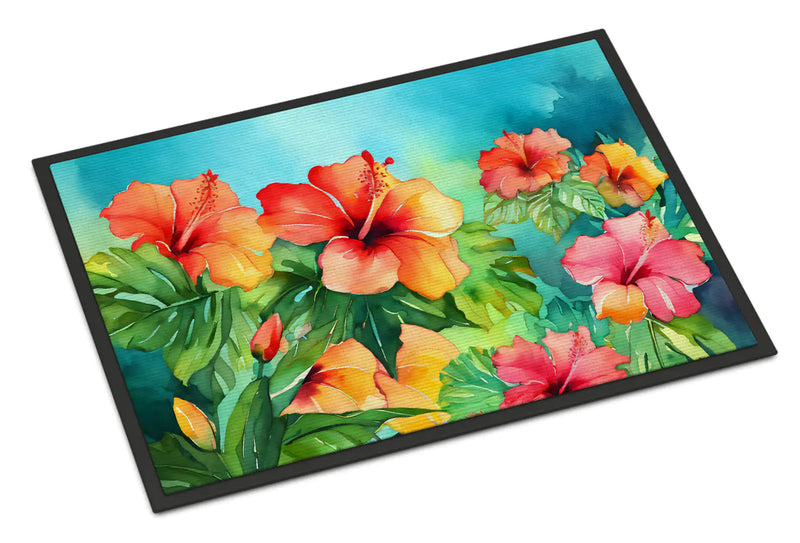Hawaii Hawaiian Hibiscus in Watercolor Doormat